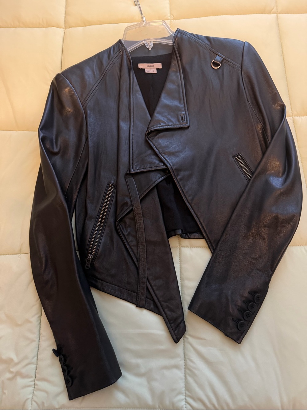 Helmut Lang Black Cropped Leather Asymmetric Moto Jacket
